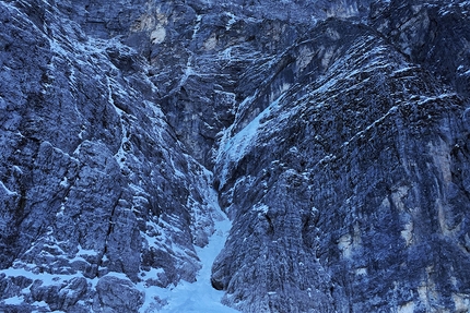 Cima Verde del Montasio, Julian Alps, Enrico Mosetti, Alberto Giassi, Davide Limongi  - During the first ascent of 'Amici per sempre' (IV/4+, 350m, Enrico Mosetti, Alberto Giassi, Davide Limongi 18/12/2016), North Face of Cima Verde del Monte Montasio