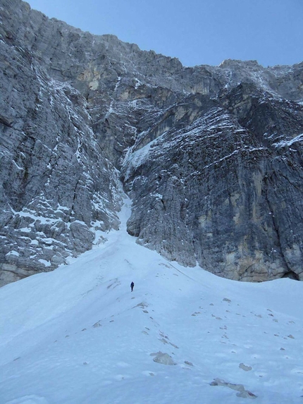 Cima Verde del Montasio, Julian Alps, Enrico Mosetti, Alberto Giassi, Davide Limongi  - During the first ascent of 'Amici per sempre' (IV/4+, 350m, Enrico Mosetti, Alberto Giassi, Davide Limongi 18/12/2016), North Face of Cima Verde del Monte Montasio