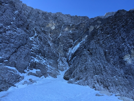 Cima Verde del Montasio, Julian Alps, Enrico Mosetti, Alberto Giassi, Davide Limongi  - During the first ascent of 'Amici per sempre' (IV/4+, 350m, Enrico Mosetti, Alberto Giassi, Davide Limongi 18/12/2016), North Face of Cima Verde del Monte Montasio