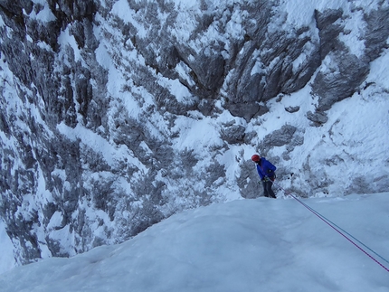 Cima Verde del Montasio, Julian Alps, Enrico Mosetti, Alberto Giassi, Davide Limongi  - During the first ascent of 'Amici per sempre' (IV/4+, 350m, Enrico Mosetti, Alberto Giassi, Davide Limongi 18/12/2016), North Face of Cima Verde del Monte Montasio