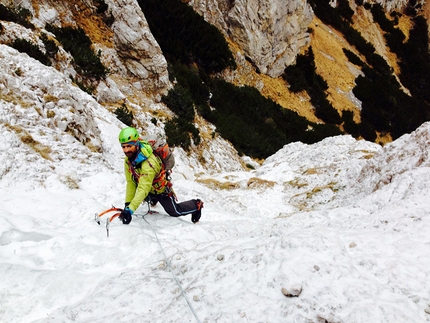 Cima della Paganella, Brenta Dolomites - During the first ascent of Via Lato B (Simone Elmi, Davide Carton, Davide Ortolani 20/12/2016) Cima della Paganella, Brenta Dolomites