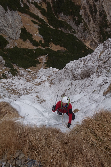 Cima della Paganella, Brenta Dolomites - During the first ascent of Via Lato B (Simone Elmi, Davide Carton, Davide Ortolani 20/12/2016) Cima della Paganella, Brenta Dolomites
