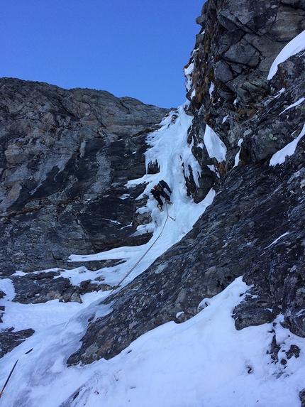 Hochbirghöhe, High Tauern Vittorio Messini, Isidor Poppeller - During the first ascent of 'Pinzga Stier' (WI5, 1200m, Vittorio Messini, Isidor Poppeller 23/12/2016) Hochbirghöhe (2767m)