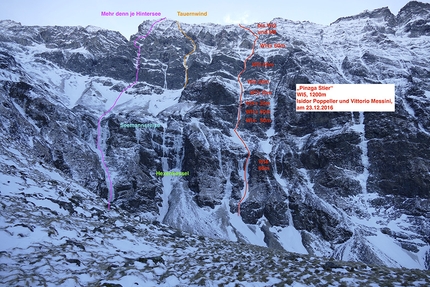 Hochbirghöhe, Alti Tauri, Vittorio Messini, Isidor Poppeller - La linea di 'Pinzga Stier' (WI5, 1200m, Vittorio Messini, Isidor Poppeller 23/12/2016) Hochbirghöhe (2767m)