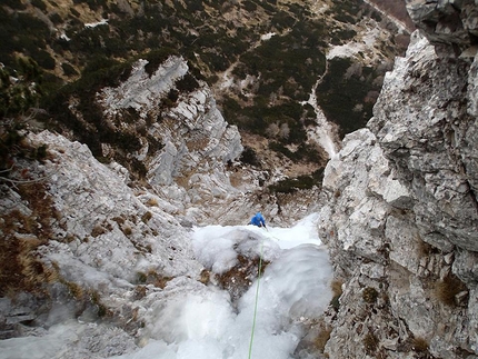 La Bruixa, Val Zemola, Dolomites, Santiago Padrós, Luca Vallata - Luca Vallata making the first ascent of 'La Bruixa' in Val Zemola (Dolomites), climbed on 05/01/2017 together with Santiago Padrós