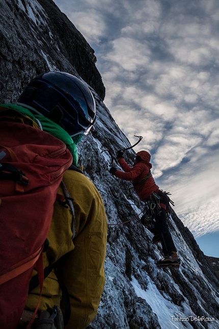 Sas del Pegorer, Gran Vernel, Marmolada, Dolomites, Philipp Angelo, Fabrizio della Rossa, Thomas Gianola - Philipp Angelo starting up the AI6- pitch while making the first ascent of All-in up the North Face of Sas del Pegorer, (Gran Vernel), Dolomites (Philipp Angelo, Fabrizio della Rossa, Thomas Gianola 09/01/2017)