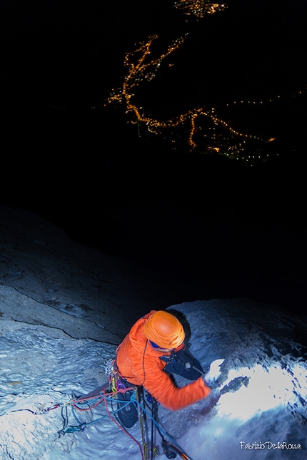 Sas del Pegorer, Gran Vernel, Marmolada, Dolomites, Philipp Angelo, Fabrizio della Rossa, Thomas Gianola - During the first ascent of All-in up the North Face of Sas del Pegorer, (Gran Vernel), Dolomites (Philipp Angelo, Fabrizio della Rossa, Thomas Gianola 09/01/2017)