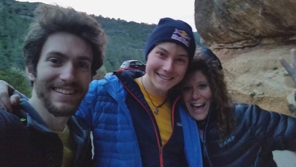 Stefano Ghisolfi, First Round First Minute, Margalef, Spain - Stefano Ghisolfi with Alexander Megos and Sara Grippo after having made the 4th ascent of 'First Round First Minute' 9b a Margalef in Spain