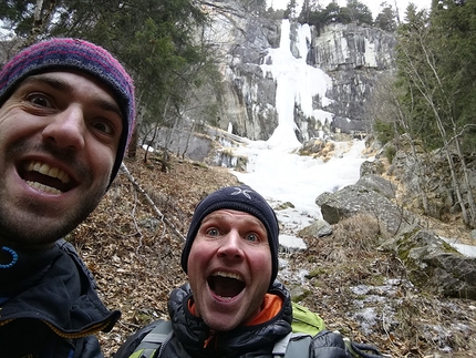 Val Genova, La Stangata - Luca Tamburini and Giorgio Tameni below the icefall La Stangata (100m, 5+) in Val Genova, Italy