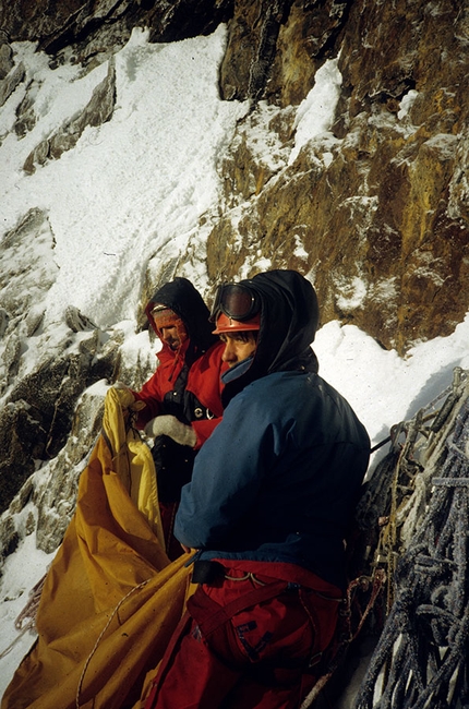 Cerro Murallon, Patagonia - During the historic first ascent of Cerro Murallon in Patagonia, carried out in 1984 by the Ragni di Lecco climbers Carlo Aldè, Casimiro Ferrari and Paolo Vitali.