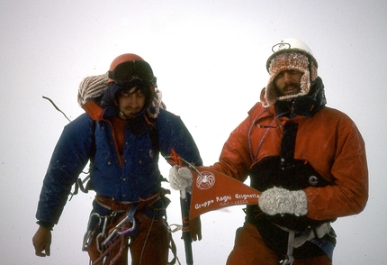 Cerro Murallon, Patagonia - On the summit, during the historic first ascent of Cerro Murallon in Patagonia, carried out in 1984 by the Ragni di Lecco climbers Carlo Aldè, Casimiro Ferrari and Paolo Vitali.