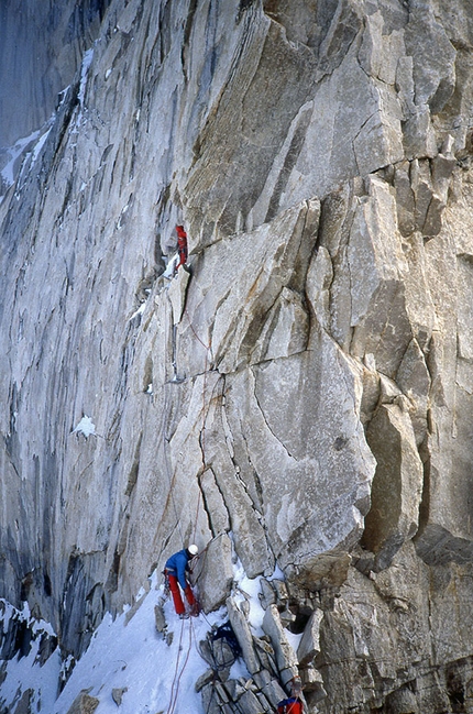 Cerro Murallon, Patagonia - During the historic first ascent of Cerro Murallon in Patagonia, carried out in 1984 by the Ragni di Lecco climbers Carlo Aldè, Casimiro Ferrari and Paolo Vitali.