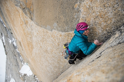 Riders on the Storm, Torres del Paine, Patagonia, Mayan Smith-Gobat, Brette Harrington - Brette Harrington climbing 'Riders on the Storm', Torres del Paine, Patagonia