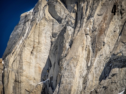 Patagonia, Aguja Guillaumet, Iker Pou, Eneko Pou - Eneko Pou belaying his brother Iker Pou during the first ascent of ¡Aupa 40! up the East Face of Aguja Guillaumet in Patagonia on 4/02/2017