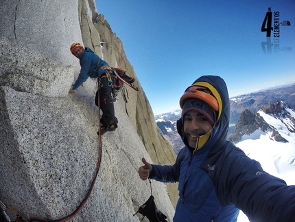 Patagonia, Aguja Guillaumet, Iker Pou, Eneko Pou - Iker Pou and Eneko Pou on pitch 4 of ¡Aupa 40! up the East Face of Aguja Guillaumet in Patagonia (5+, M7, 85°, 525m, 4/02/2017)