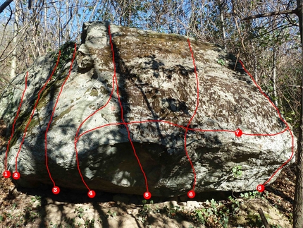 Giovanni Massari, Montecapretto, Val di Susa - Masso di Montecapretto: il blocco minimo: 1) Primi passi 2c, muretto elementare. 2) Rifiuto delle capacità 3a, placca appena più impegnativa. 3) Via di garunga 5c+ sit start, ristabilimento. 4) La ristabilizzazione 6b+ sit start, ristabilimento su piccole prese. 5) Via dei bari 6b sit start, ristabilimento su piccole prese.