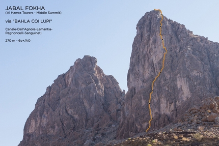 Oman Climbing Trip, Daniele Canale, Manrico Dell’Agnola, Tommaso Lamantia, Giovanni Pagnoncelli, Marcello Sanguineti - Jabal Fokha (Al Hamra Towers), Middle Summit: Bahla coi Lupi (270m, 6c+ e 6c/A0). Daniele Canale, Giovanni Pagnoncelli, Tommaso Lamantia, Marcello Sanguineti, 7-8/1/2017.