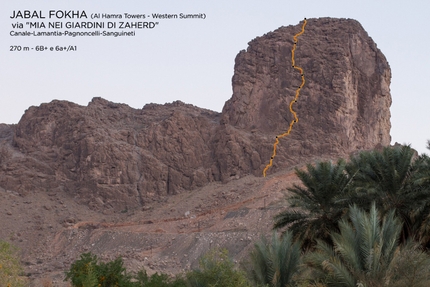 Oman Climbing Trip, Daniele Canale, Manrico Dell’Agnola, Tommaso Lamantia, Giovanni Pagnoncelli, Marcello Sanguineti - Jabal Fokha (Al Hamra Towers), W Summit: Mia nei Giardini di Zaherd (270m, 6b+). Daniele Canale, Giovanni Pagnoncelli, Tommaso Lamantia, Marcello Sanguineti, 5-6/1/2017.