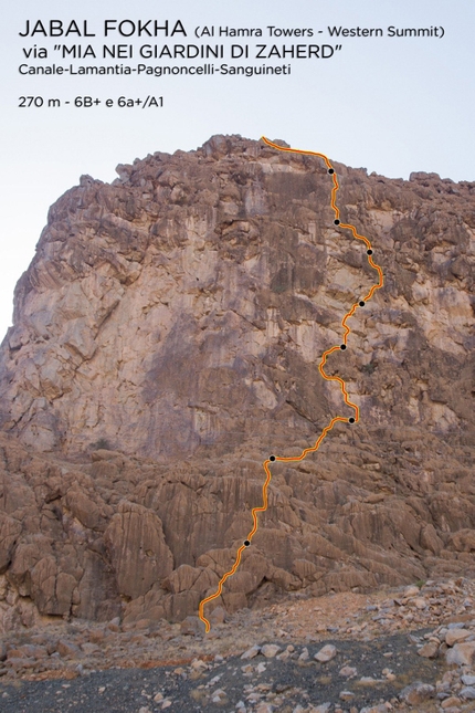 Oman Climbing Trip, Daniele Canale, Manrico Dell’Agnola, Tommaso Lamantia, Giovanni Pagnoncelli, Marcello Sanguineti - Jabal Fokha (Al Hamra Towers), W Summit: Mia nei Giardini di Zaherd (270m, 6b+). Daniele Canale, Giovanni Pagnoncelli, Tommaso Lamantia, Marcello Sanguineti, 5-6/1/2017.