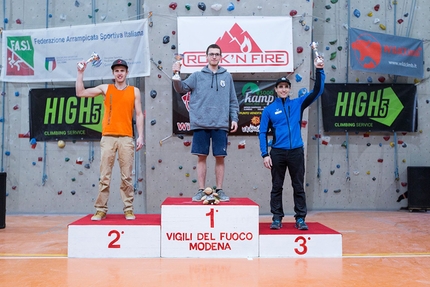 Coppa Italia Boulder 2017 - Podio maschile della seconda tappa della Coppa Italia Boulder 2017 a Modena: 2. Michael Piccolruaz 1. Riccardo Piazza 3. Marcello Bombardi