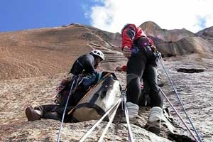 Cruz del Sur, Cordillera Blanca, Paron Valley, La Esfinge 5325m, Mauro Bubu Bole, Silvo Karo, Boris Strmsek - In the Nose section of Cruz del Sur, La Esfinge, Peru