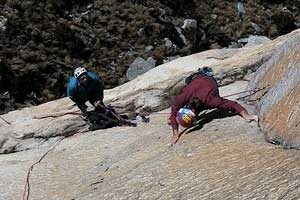 Cruz del Sur, Cordillera Blanca, Paron Valley, La Esfinge 5325m, Mauro Bubu Bole, Silvo Karo, Boris Strmsek - Mauro Bubu Bole climbing Cruz del Sur, La Esfinge, Peru