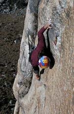 Cruz del Sur, Cordillera Blanca, Paron Valley, La Esfinge 5325m, Mauro Bubu Bole, Silvo Karo, Boris Strmsek - Mauro Bubu Bole climbing Cruz del Sur, La Esfinge, Peru