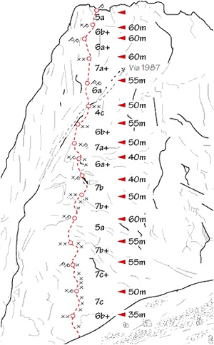 Cruz del Sur, Cordillera Blanca, Paron Valley, La Esfinge 5325m, Mauro Bubu Bole, Silvo Karo, Boris Strmsek - Il tracciato della via Cruz del Sur aperta da Mauro Bubu Bole e Silvo Karo sulla parete est di La Esfinge 5325m, Paron Valley, Cordillera Blanca - Perù