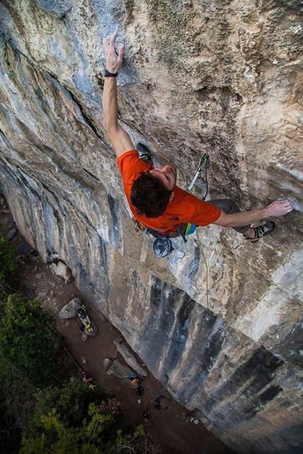 Stefano Ghisolfi, Padaro, Arco - Stefano Ghisolfi making the first ascent of Omen Nomen 8c+ at the crag Padaro, Arco