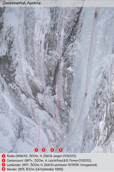 Centercourt, Austria - Le linie di Rodeo (300m, WI6/A2), Centercourt (300m, WI7+), Landunder (300m WI7-) e Mordor (300m, WI5) nel Anlauftal, Gasteinertal, Austria