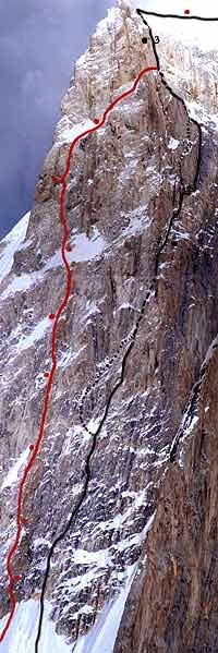 Spantik Golden Pillar, Valle Hunza, Pakistan - La parte superiore del Pilastro dello Spantik con la nuova via dei russi, con i bivacchi e la Via Inglese