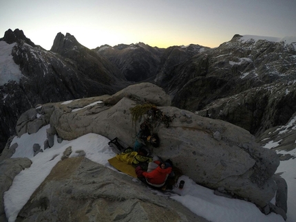 Cerro Mariposa, Patagonia, Paolo Marazzi, Luca Schiera, Ragni di Lecco - Paolo Marazzi and Luca Schiera at the bivouac during the first ascent of their new route on 15-16/03/2017 up the NE Face of Nordest del Cerro Mariposa in Patagonia.