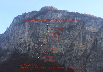 Via MammaSandra, Val Zemola, Dolomiti, Daniele Geremia, Nicolò Cadorin, Maurizio Fontana - Il tracciato della Via MammaSandra, Val Zemola, Dolomiti, aperta da Daniele Geremia, Nicolò Cadorin e Maurizio Fontana