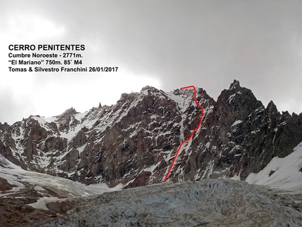 Patagonia, Cerro Penitentes, Tomas Franchini, Silvestro Franchini - The SE Face of Cerro Penitentes in Patagonia and the route El Mariano (750m, 85° M4 Tomas Franchini, Silvestro Franchini, 26/01/2017).