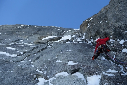 Les Droites, Mont Blanc, Rhem-Vimal - Max Bonniot, Sébastien Ratel and Pierre Sancier climbing the Rhem-Vimal route up the North Face of Les Droites on 15/02/2017