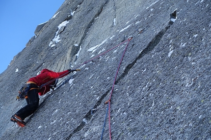 Les Droites, Mont Blanc, Rhem-Vimal - Max Bonniot, Sébastien Ratel and Pierre Sancier climbing the Rhem-Vimal route up the North Face of Les Droites on 15/02/2017