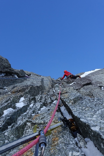 Les Droites, Mont Blanc, Rhem-Vimal - Max Bonniot, Sébastien Ratel and Pierre Sancier climbing the Rhem-Vimal route up the North Face of Les Droites on 15/02/2017