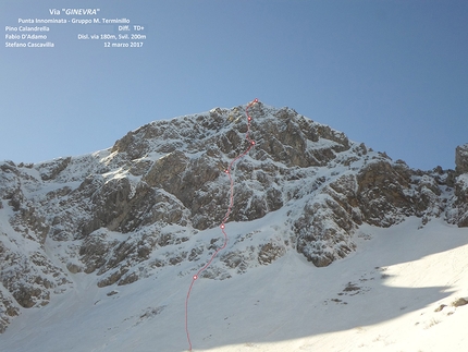 Punta Innominata, Gruppo del Monte Terminillo, Appennino, Pino Calandrella, Fabio D’Adamo, Stefano Cascavilla - Via Ginevra alla Punta Innominata,  Gruppo del Monte Terminillo, aperta il 12/03/2017 da Pino Calandrella, Fabio D’Adamo, Stefano Cascavilla