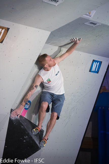 Bouldering World Cup 2017, Meiringen - Gabriele Moroni competing in the first stage of the Bouldering World Cup 2017 at Meiringen