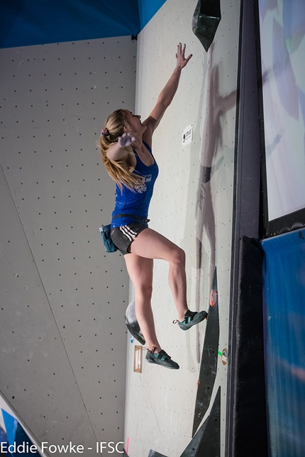 Bouldering World Cup 2017, Meiringen - Shauna Coxsey competing in the first stage of the Bouldering World Cup 2017 at Meiringen