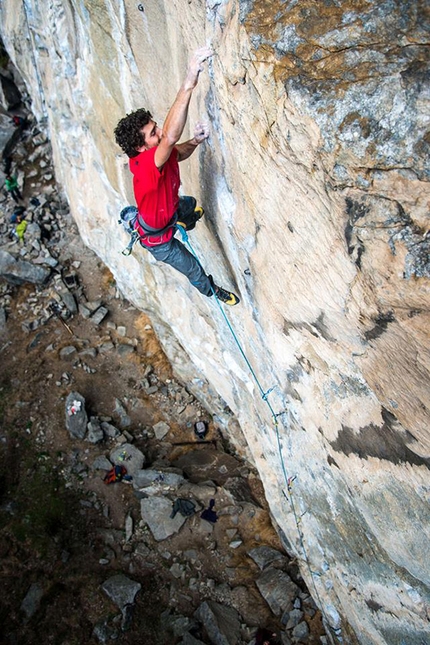 Gondo Crack, Cippo, Jacopo Larcher, Barbara Zangerl - Jacopo Larcher making the first ascent of Gondo Crack 8c trad at the crag Cippo in Switzerland