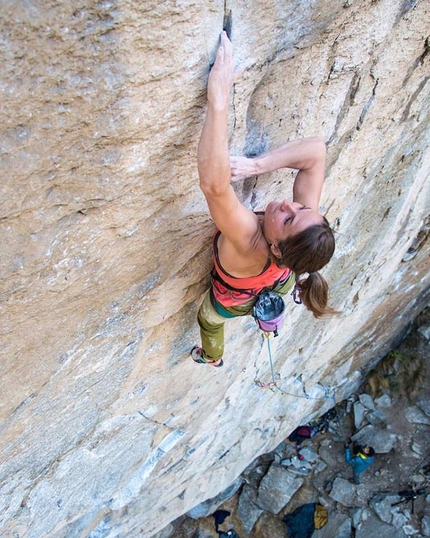 Gondo Crack, Cippo, Jacopo Larcher, Barbara Zangerl - Barbara Zangerl making the first female ascent of Gondo Crack 8c trad at the crag Cippo in Switzerland