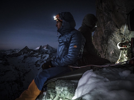 Matterhorn, Schweizernase, Alexander Huber, Dani Arnold, Thomas Senf - Dani Arnold at the bivouac during the first ascent of Schweizernase on the North Face of the Matterhorn