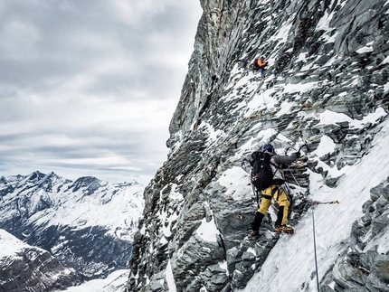 Matterhorn, Schweizernase, Alexander Huber, Dani Arnold, Thomas Senf - Dani Arnold and Alexander Huber during the first ascent of Schweizernase on the North Face of the Matterhorn