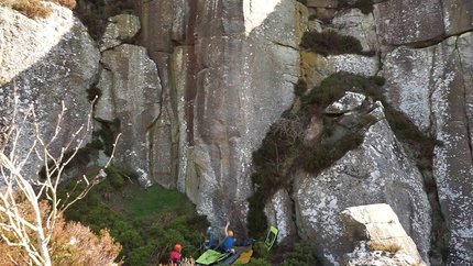 Franco Cookson, Sandy Crag - Franco Cookson falling to the ground off 'Nothing Lasts' H10 7a at Sandy Crag, Northumberland, UK