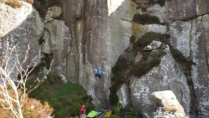 Franco Cookson, Sandy Crag - Franco Cookson falling to the ground off 'Nothing Lasts' H10 7a at Sandy Crag, Northumberland, UK