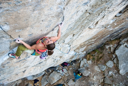 Gondo Crack, Cippo, Jacopo Larcher, Barbara Zangerl - Barbara Zangerl making the first female ascent of Gondo Crack 8c trad at the crag Cippo in Switzerland