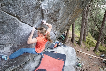 Anna Stöhr, Magic Wood, Switzerland - Anna Stöhr climbing the boulder problem New Base Line 8B+ at Magic Wood, Switzerland