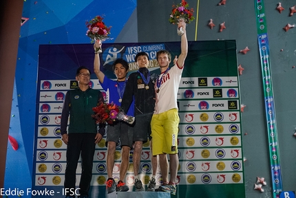 Bouldering World Cup 2017  - Bouldering World Cup 2017 at Chongqing in China: 2. Tomoa Narasaki 1. Jongwon Chon 3. Aleksei Rubtsov 