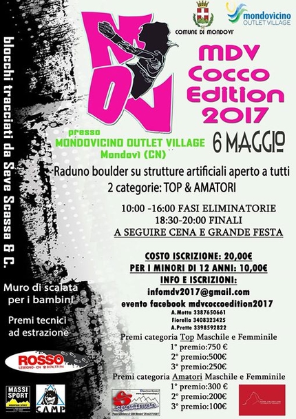 MDV Cocco edition - Sabato 6 maggio 2017 si terrà il MDV Boulder Contest, il raduno di arrampicata boulder a Mondovi (Cuneo). Quest'anno il meeting è dedicato a Massimo Coccalotto